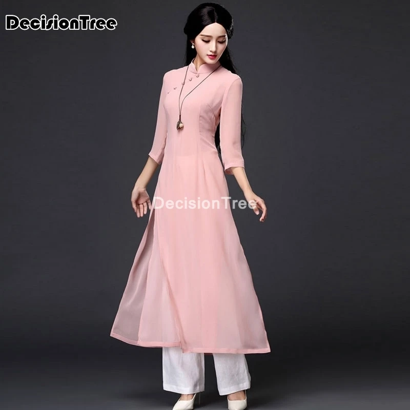 2021 народный стиль платье aodai + штаны набор Вьетнам шифон цветочное элегантное ao dai