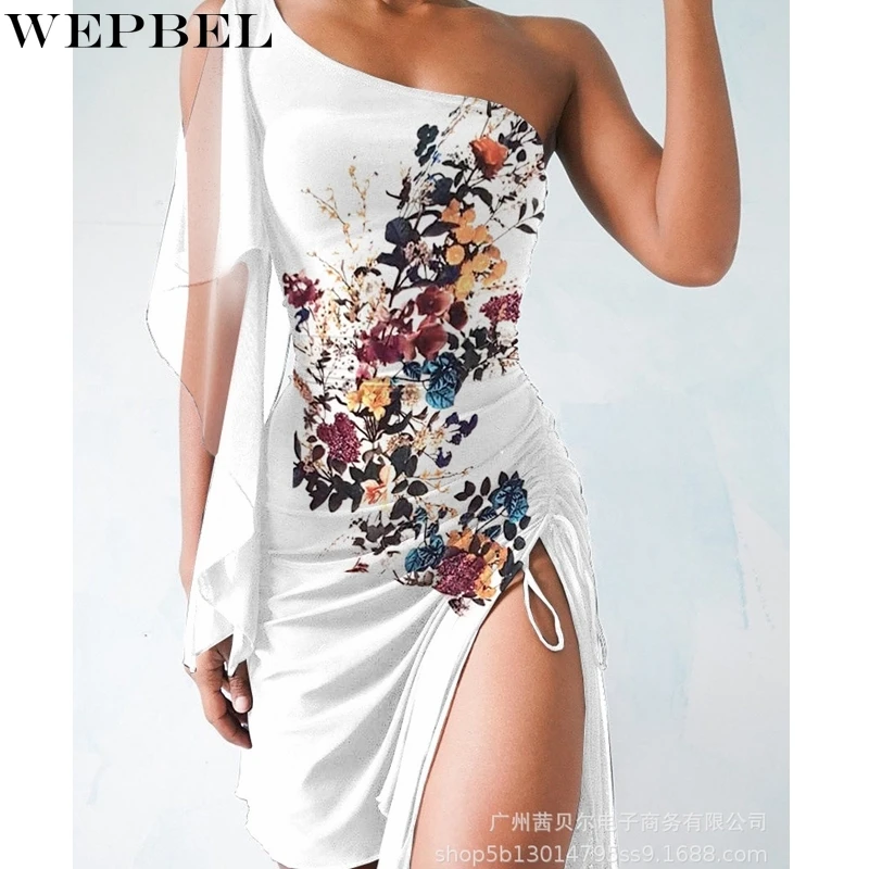

WEPBEL Dress Women's Sexy Lace-up One-Shoulder Split Dress Summer Fashion Mesh Slim Fit Patchwork High Waist Irregular Dress