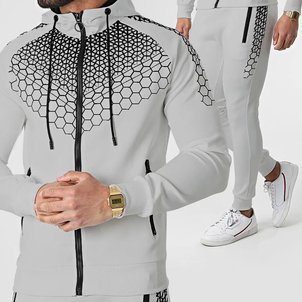 

New hooded zipper jacket 2021 new autumn sportswear men's European and American honeycomb printed casual trousers suit