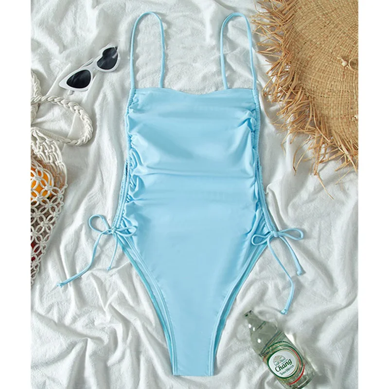 

Solid Monokini 2022 Drawstring Swimsuit Sexy High Cut Swimwear Womne Spaghetti Strap Bathing Suit Plus Size One Piece Suits XL