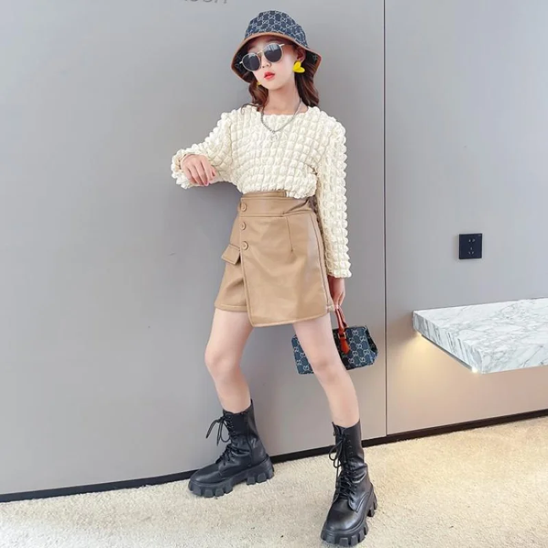 

Girls' Western Style Suits 2021 Autumn New Big Kids Korean Version of All-match Casual Sweater Leather Skirt Pants 2-piece Set