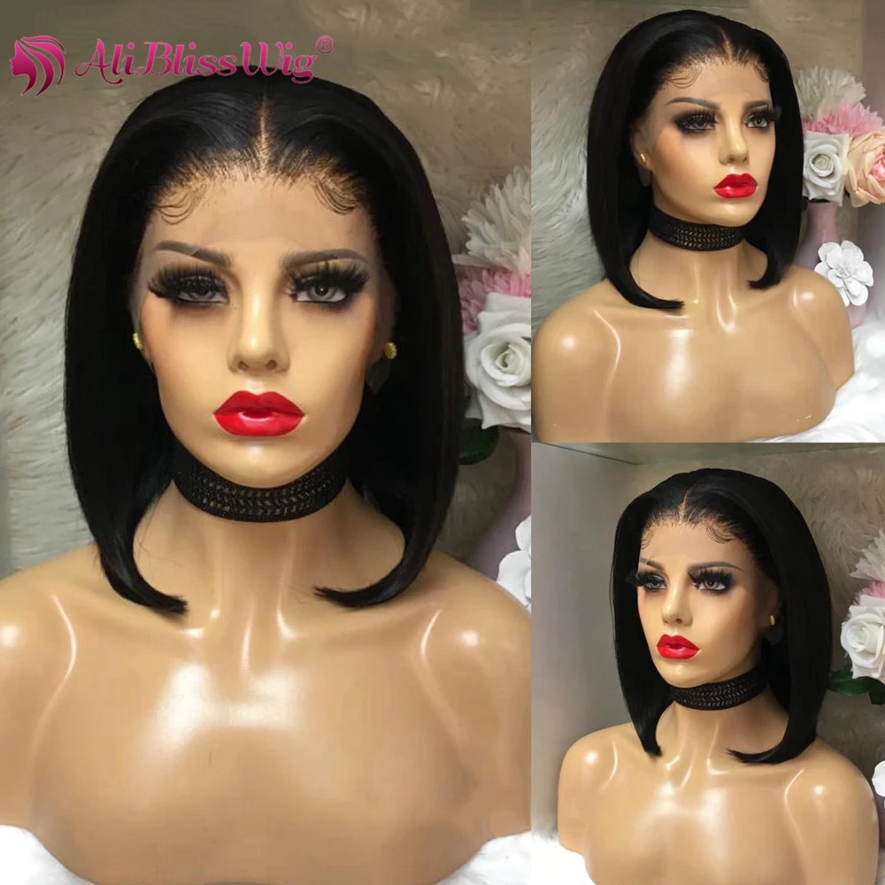 

Aliblisswig короткие прямые человеческие волосы фронтальный парик 13X4 бразильские кружевные передние человеческие волосы 4x4 кружевные застежки ...