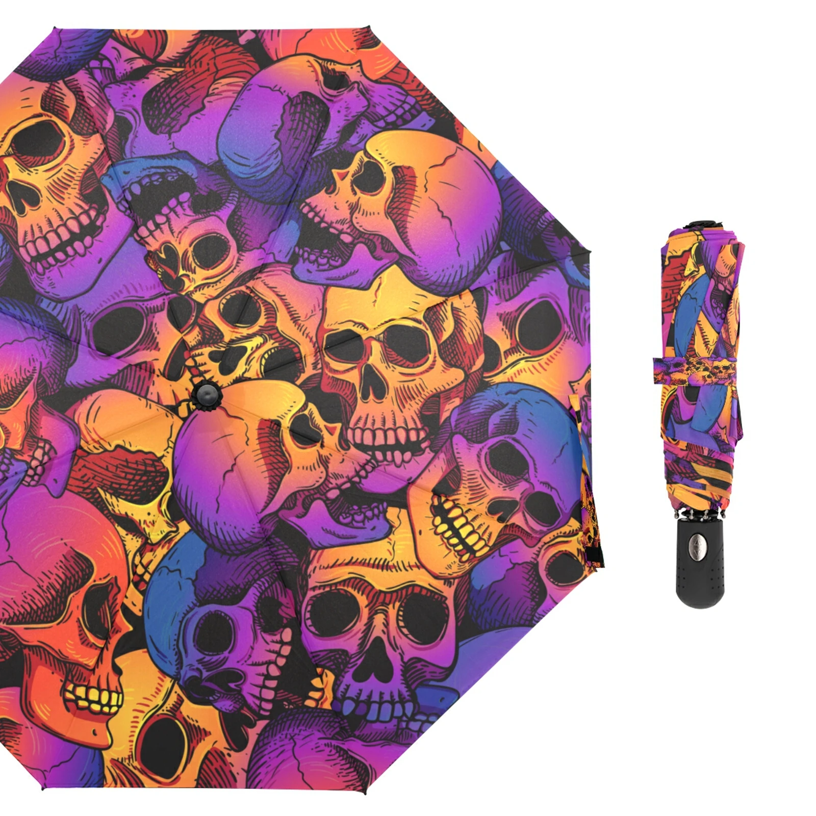 

New Skull Printing Fully Automatic Umbrella Rain Women Men Sunny And Rainy Three Folding Umbrella Parasol Outdoor Parapluie