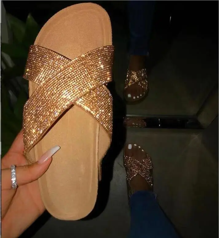 Бесплатная отправка 2019 летние шлепанцы Новые модные Крест Стразы Женские