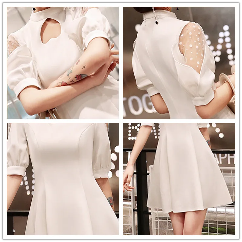 

White Solid Party Dress CR336 A-Line Above Knee Prom Dresses For Women Short Sleeve Vestido De Festa High Collar Short Gowns