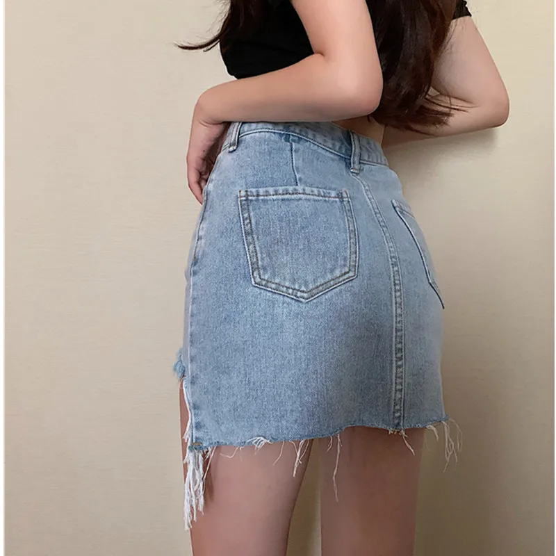 

Denim skirt women retro irregular fringed A-line skirt spring high waist slim slimming skirt