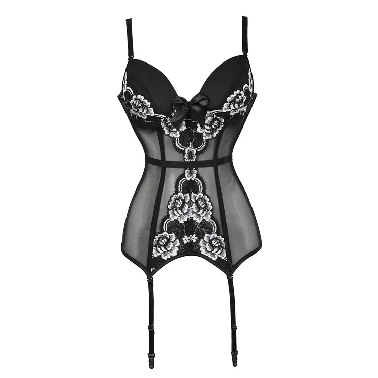 

Sexy Womens Black Lingerie Bra Design Fashion Bustier Boned Corset Sexy Girdle Waist Floral Sleepwear Lingerie with Garter