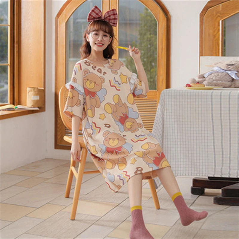

New Cotton Women Nightwear Kawaii Girls Nightgowns Korean Home Clothes Cartoons Sleeping Dress Women Plus Size Sleepwear