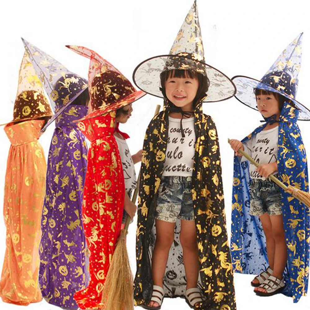 Детские костюмы на Хэллоуин ведьма колдун халат Мантия и шляпа кепки звезды