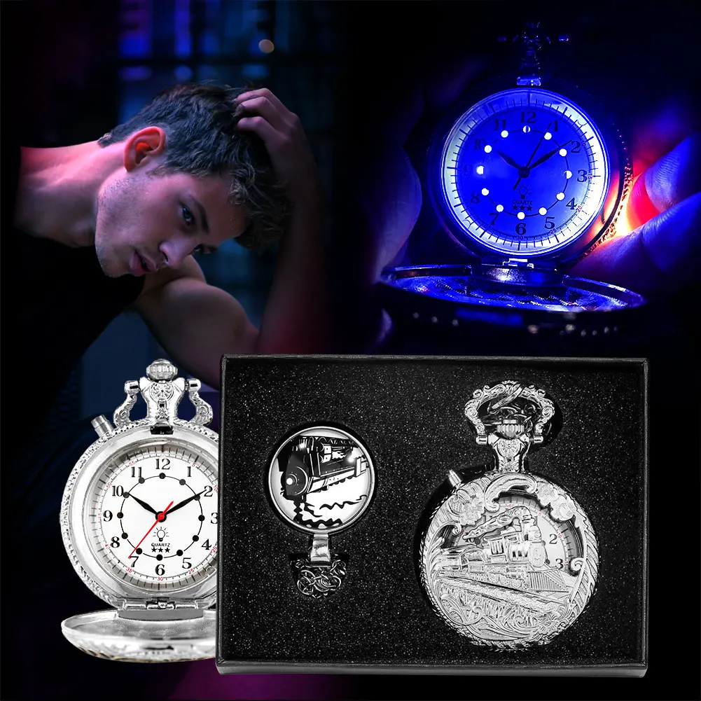 LED Luminous Pocket Watches Silver Steampunk Train Analog Retro Big Quartz Pocket Watch Top Luxury Watch Gifts Set for Men Women