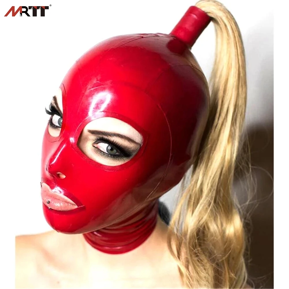

Эротическая экзотическая маска ручной работы красные латексные капюшоны со светлым париком прическа Клубная одежда для конского хвоста фе...