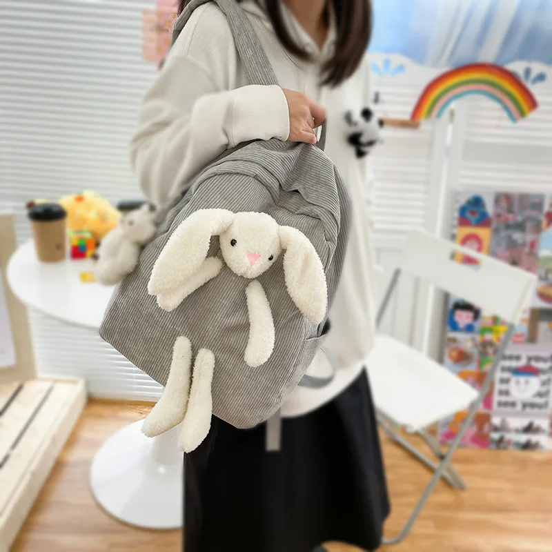 

New Corduroy Student Backpack Large Capacity Backpack Faux Fur Cute Rabbit School Bag Can Store Personal Belongings Book Bag