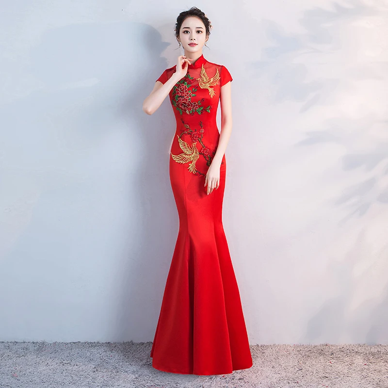 Красные женские длинные вечерние платья русалки Cheongsam в китайском стиле с
