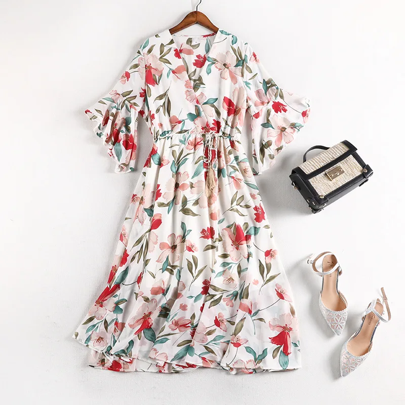 

Women's Clothing Summer Dress 2020 New Plus Size V Neck Flare Sleeve Loose Waist Flowers Floral Printed Chiffon Dress