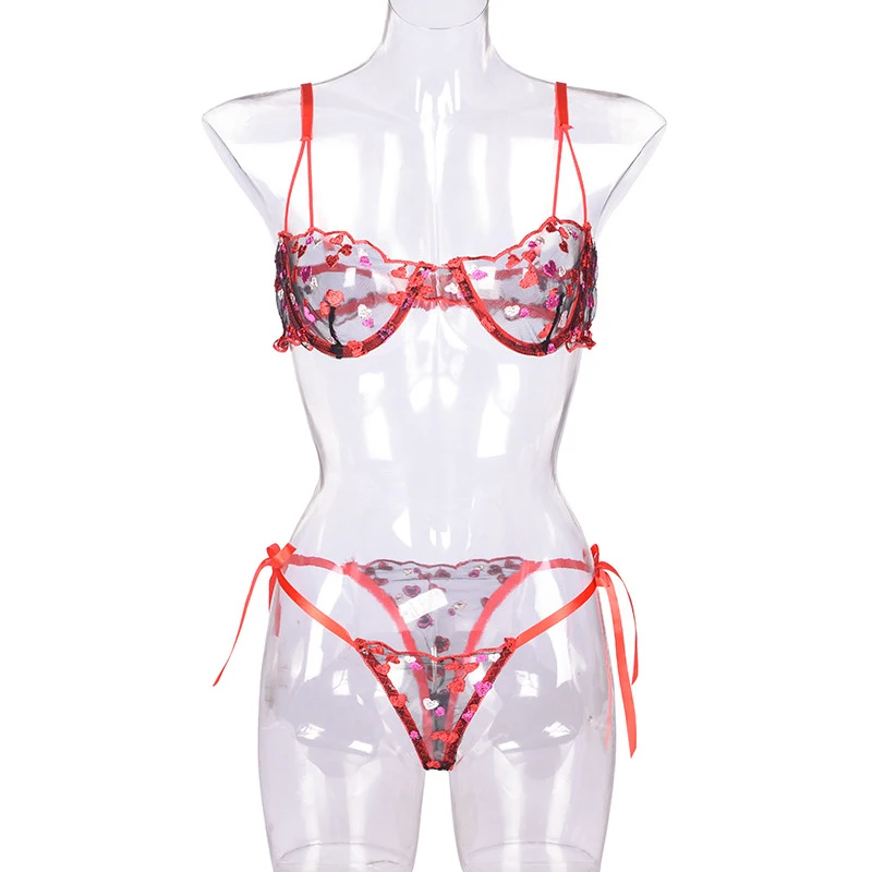 

Ellolace Heart Embroidery Lingerie Sexy Lace Transparent Lingerie Set Underwire Underwear Women Exotic Costumes Exotic Sets