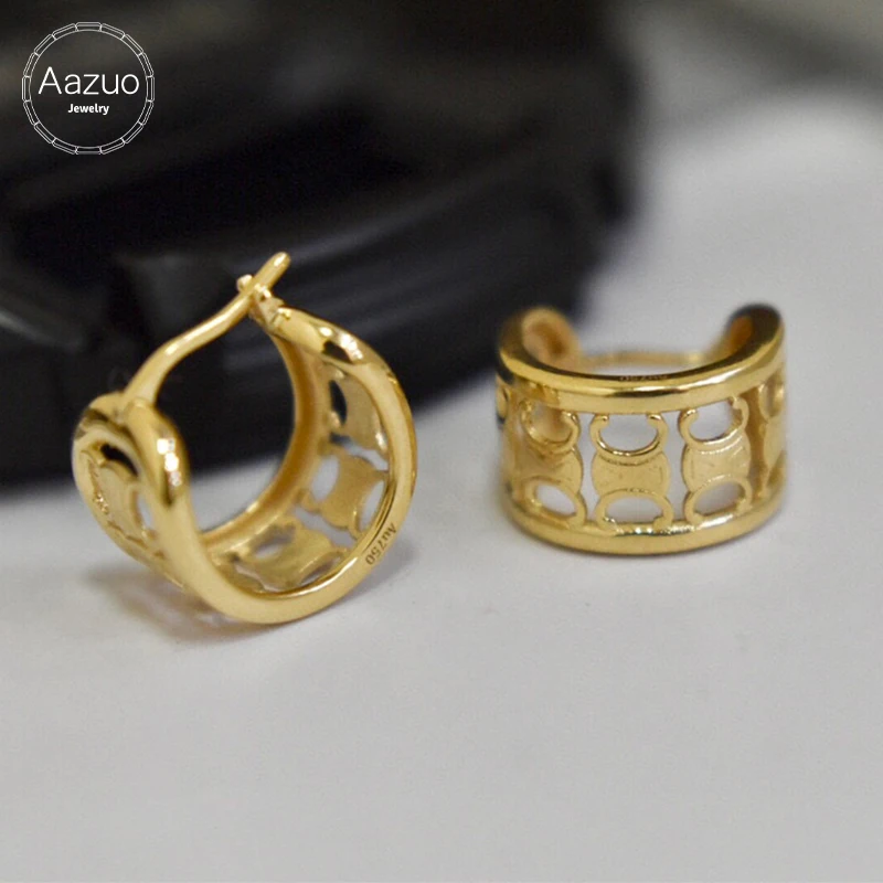 

Aazuo INS Real 18K Yellow Gold None Diamonds Round Hoop Earrings gifted for Women Wedding Party Au750