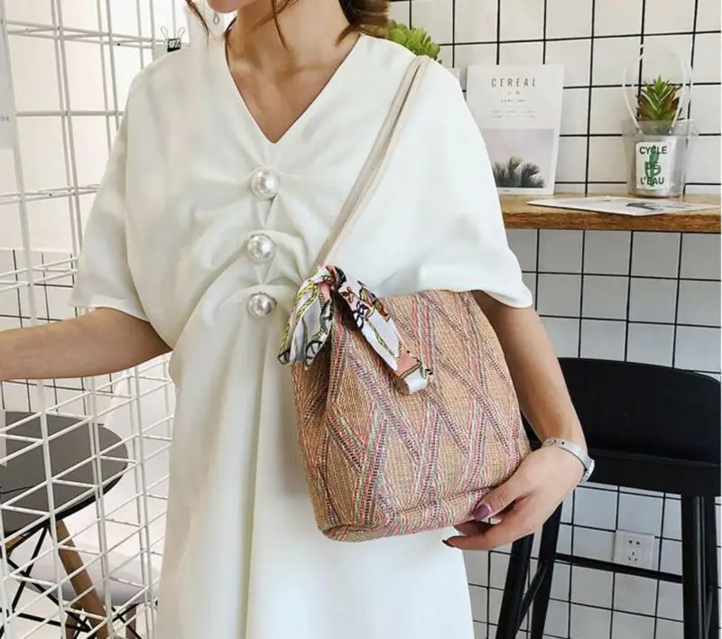 Женская ромбовидная соломенная сумка с лентой ретро Сумочка из ротанга тканые