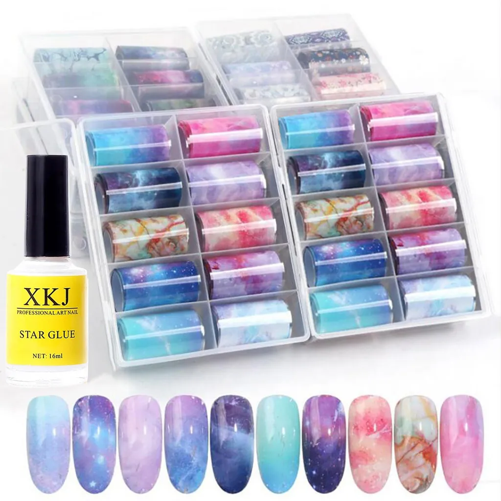 Акварельные Звездные наклейки для ногтей и гель набор переводная фольга 10 цветов