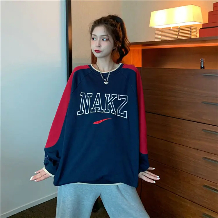 

Pure Cotton autumn Korean loose needling color matching embroidered sweater for women