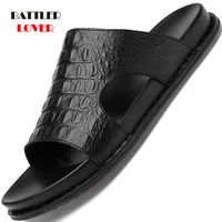 men 100 genuine leather slippers summer flat beach sandals for male soft breathable cow leather flip flops homme crocodile shoe