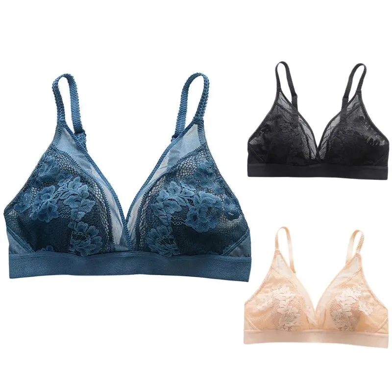 Women Sexy Deep V Triangle Bra Crochet Floral Lace Lightly Padded Thin Bralette X3UE
