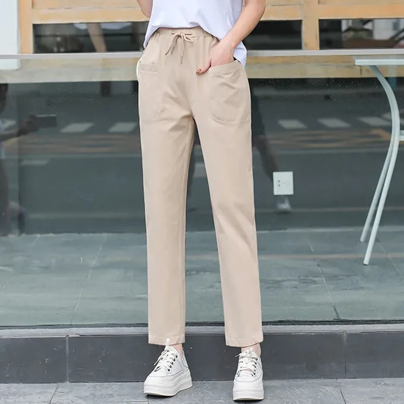 

Модные хлопковые шаровары, Женские однотонные летние брюки до щиколотки, прямые брюки с эластичной талией