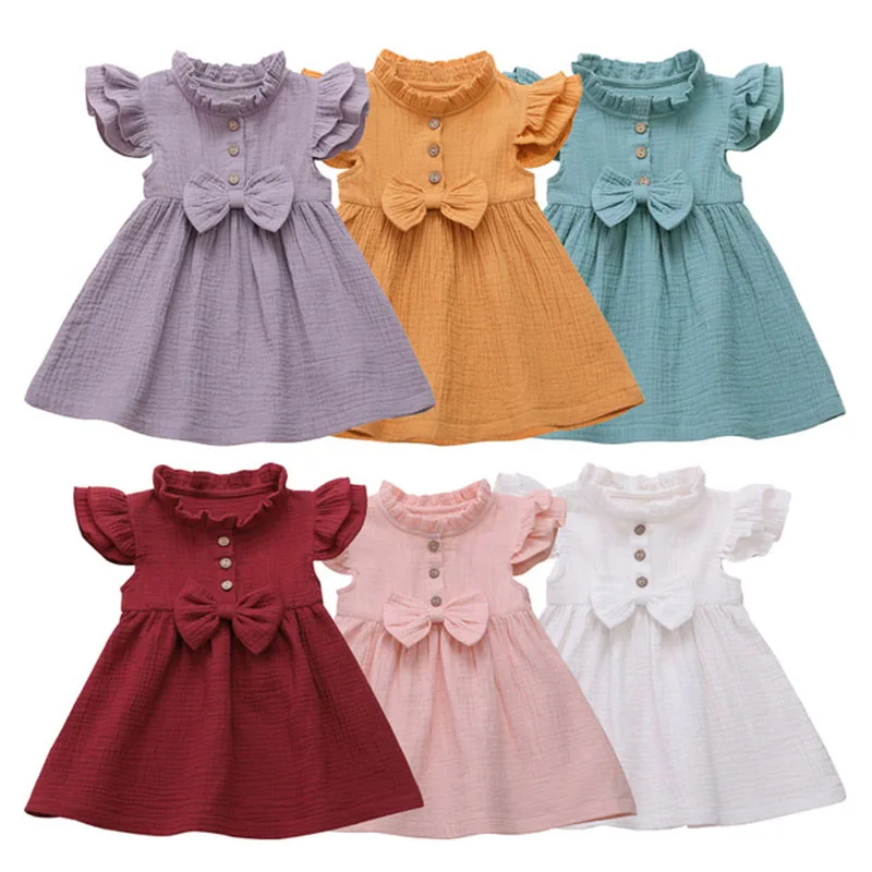 

New Toddler Kids Baby Girl Summer Dress Ruffles Short Sleeve Solid Cotton Linen Party Casual Dress Clothes