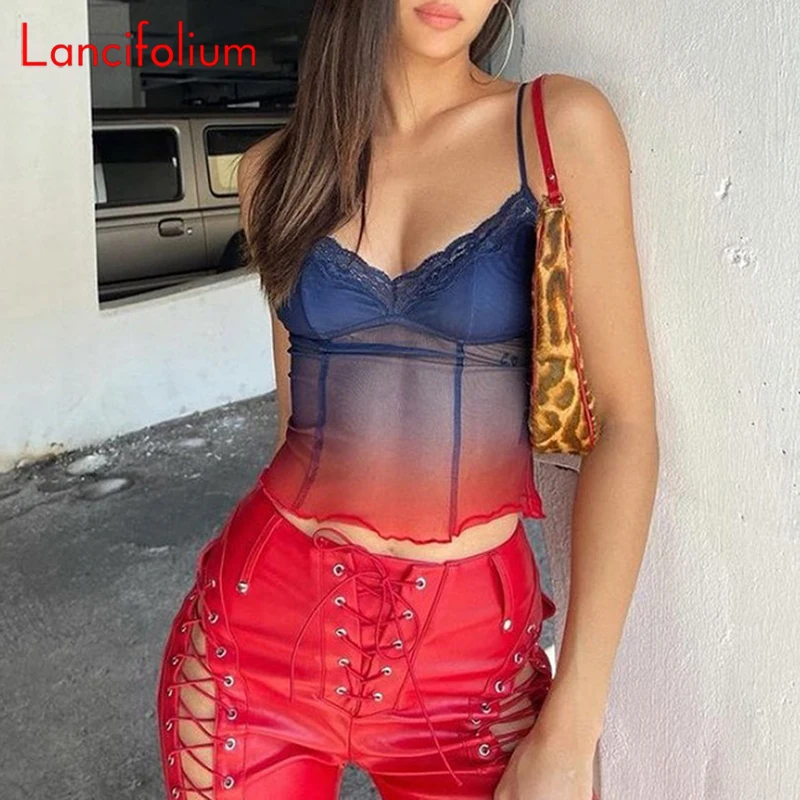 

Сексуальный кружевной градиентный цвет Y2k, съедобный сетчатый прозрачный топ с V-образным вырезом и деревом, контрастный танковый корсет, же...