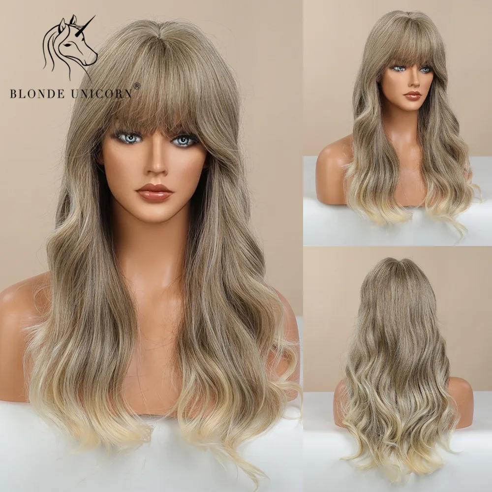 Блонд Единорог длинные волнистые синтетические волосы парики Омбре черный