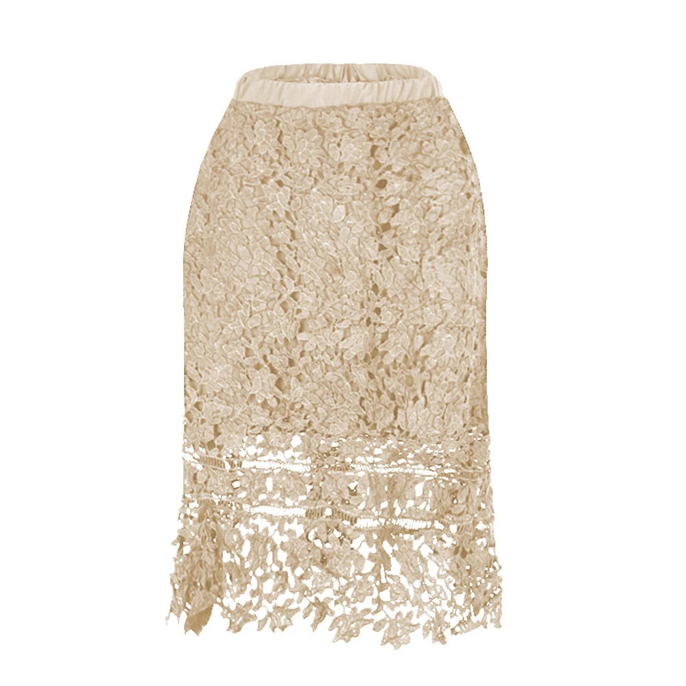 

Floral Lace Midi Skirt Solid Color Straight Long Skirt Elastic High Waist Hollow Out Streetwear Elegant Skirts 2021 S-2XL