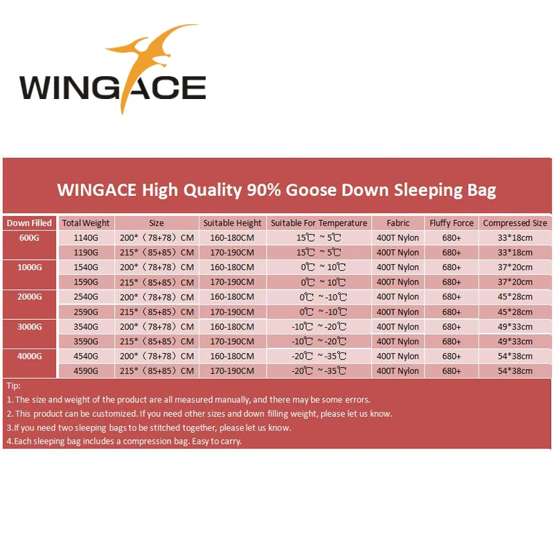 WINGACE сверхлегкий спальный мешок на гусином пуху для туризма, для улицы, 600 г, 1000 г, пуховые спальные мешки для кемпинга, для взрослых, три сезона