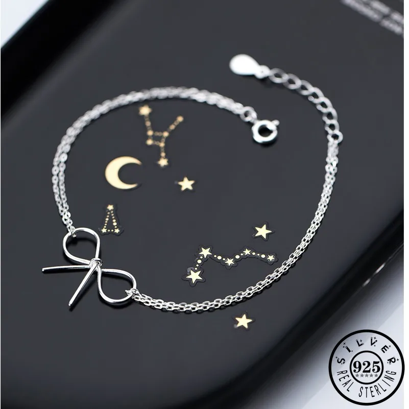 

100% 925 Sterling Silver Bowknot Shape Statement Double Layer Chain Hand Charm Party Bracelets Fine Jewelry for Women