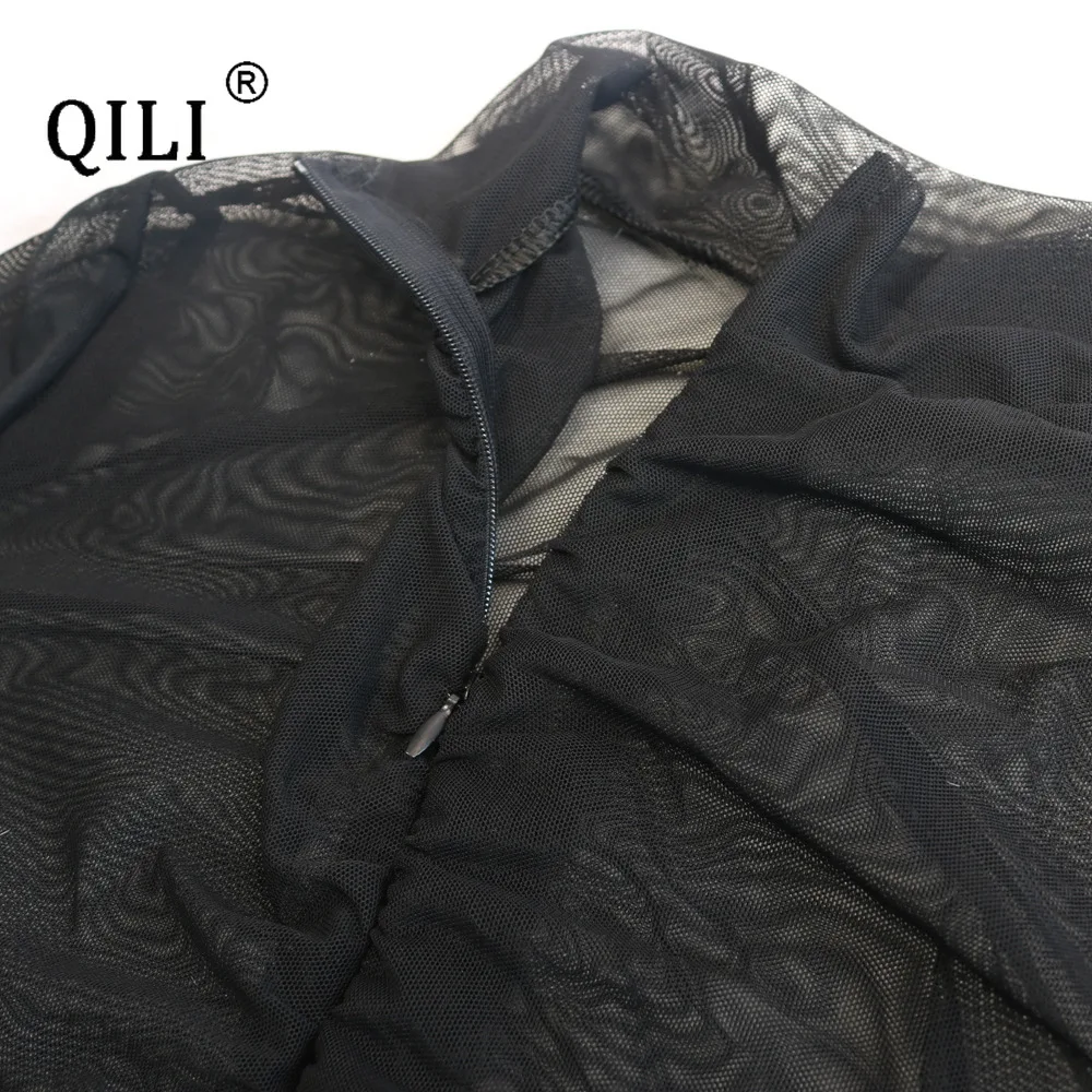 QILI Sexy Black Mesh Sheer Bodycon Jumpsuit Women 2021 Summer Clothes Long Sleeve Rompers See Through Night Club Jumpsuits