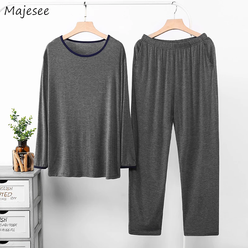 

Pajama Sets Men Long Sleeve Patchwork O-neck Chic Fashion Loose Leisure Cotton Comfortable Elastic Waist Soft Simple Sleepwear