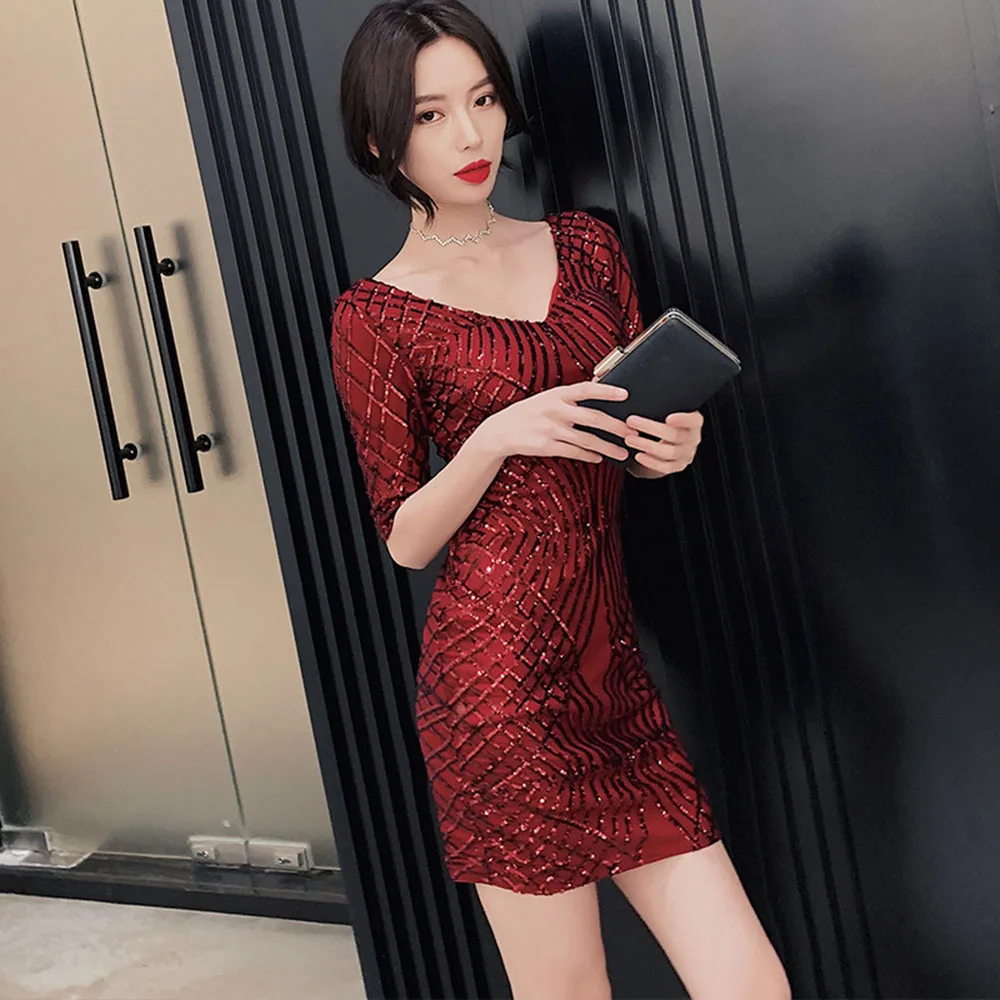 HS Kellio пикантное платье цвета коктейль Vneck темно-синий Мини Короткие рождественские вечерние платья блестящее кружево
