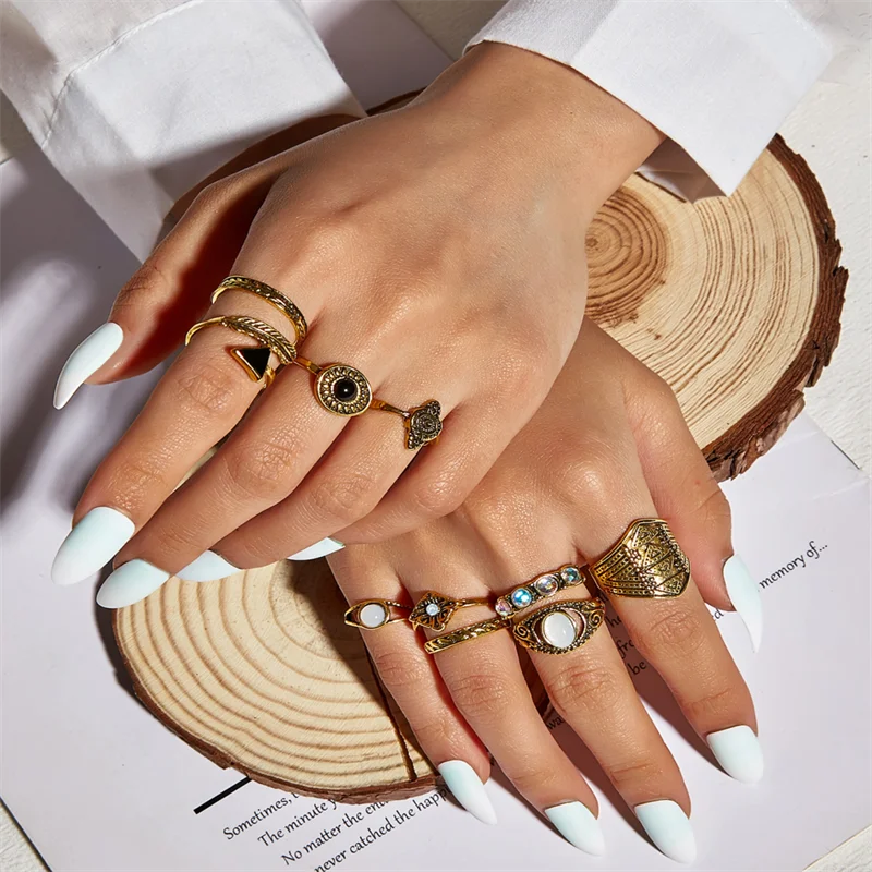 

Docona Fashion Crystal Sun Pearl Rings Set for Women Gold Color Geometric Heart Knuckle Finger Rings Female 2021 Jewelry Anillos