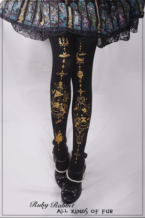 

Хэллоуин Тыква кролик Лолита Ретро колготки Готический Стиль Косплей сексуальные женские колготки с золотым тиснением длинные носки