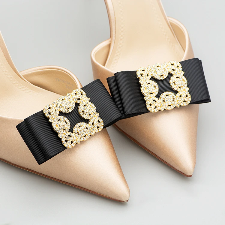 1 Pair Ribbon Rhinestone Buckle Shoe Accessories Woman Ladies Black Bow Shoe Clips Decoration Removable Shoes