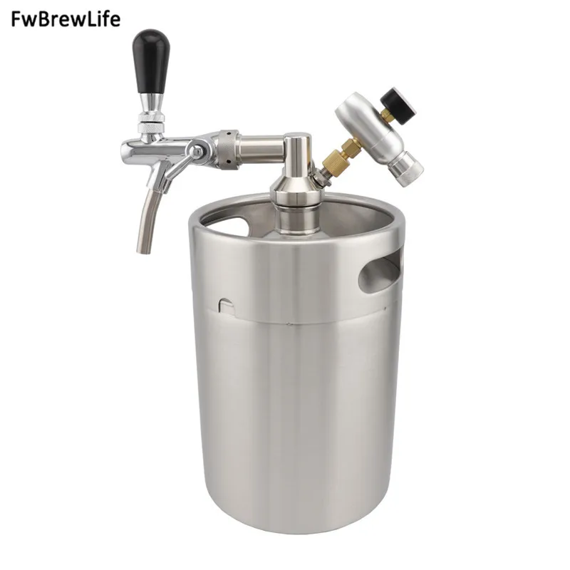 Stainless Steel 5L Mini Keg Beer Growler With Draft Dispenser Tap and CO2 Pressure Regulator Homebrew Kegging