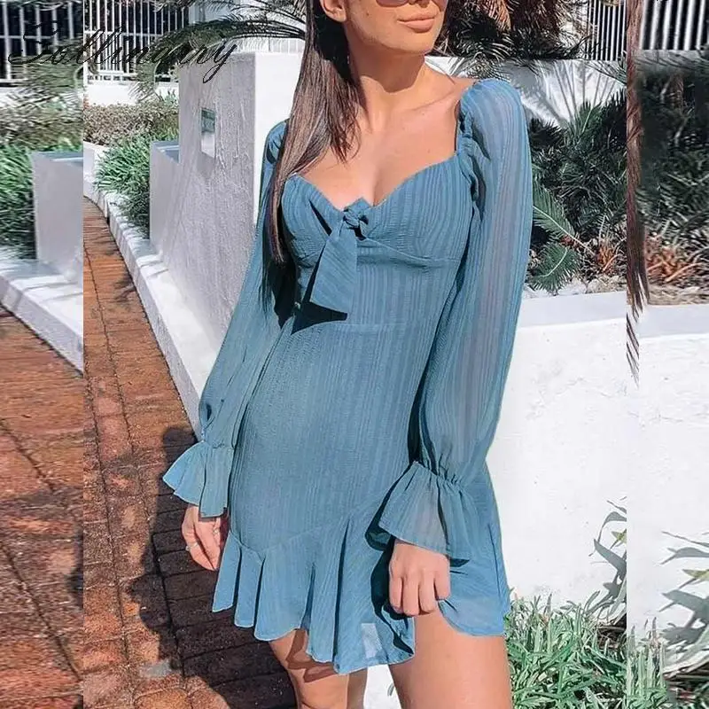 Sollinarry новинка высокая талия бант короткое платье для женщин латерн рукав осень