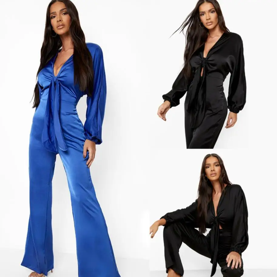 2022 Silk Satin Women Jumpsuit Solid Long Sleeve Bodysuit Party Loose Overalls Lace Up Female Jumpsuits