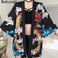 yukata haori fashion anime dragon print japanese kimono cardigan summer women belt costume clothing black jacket shirt cosplay