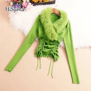 Женская трикотажная рубашка, с V-образным вырезом, длинным рукавом, кулиской и меховым воротником, весна 2021