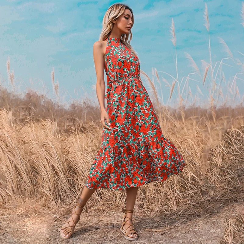 

Summer Women's Elegant High Waist Open Back Sleeveless Dress Ladies Printed Floar Suspender Long Vestidos