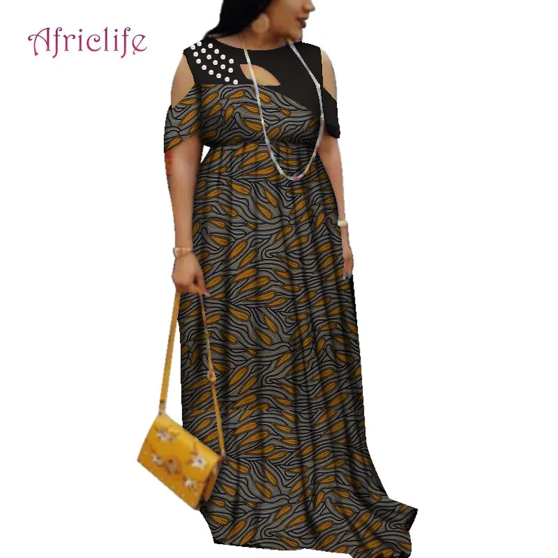 

2021 Women African Dresses Fashion O-neck Leaky Shoulder Party African Print Cotton Lady Long Dashiki Dress add Beads WY4105