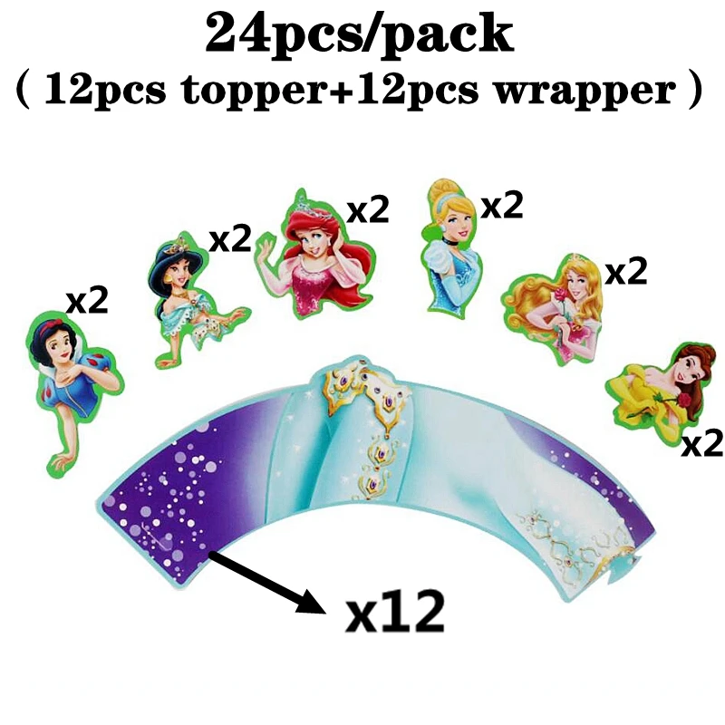 Six princess girls 24 шт мультфильм Микки Минни Принцесса обертки для кексов топперы дети день рождения поставки украшение для свадебного торта - Цвет: Six princess girls