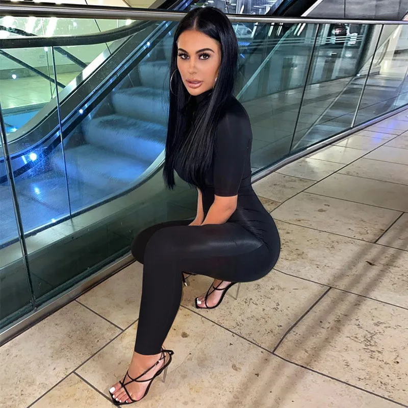 

Casual Short Sleeve Rompers Womens Jumpsuit Solid Sporty Active Wear Skinny Bodycon One Piece Outfits Zipper Jumpsuits 2021