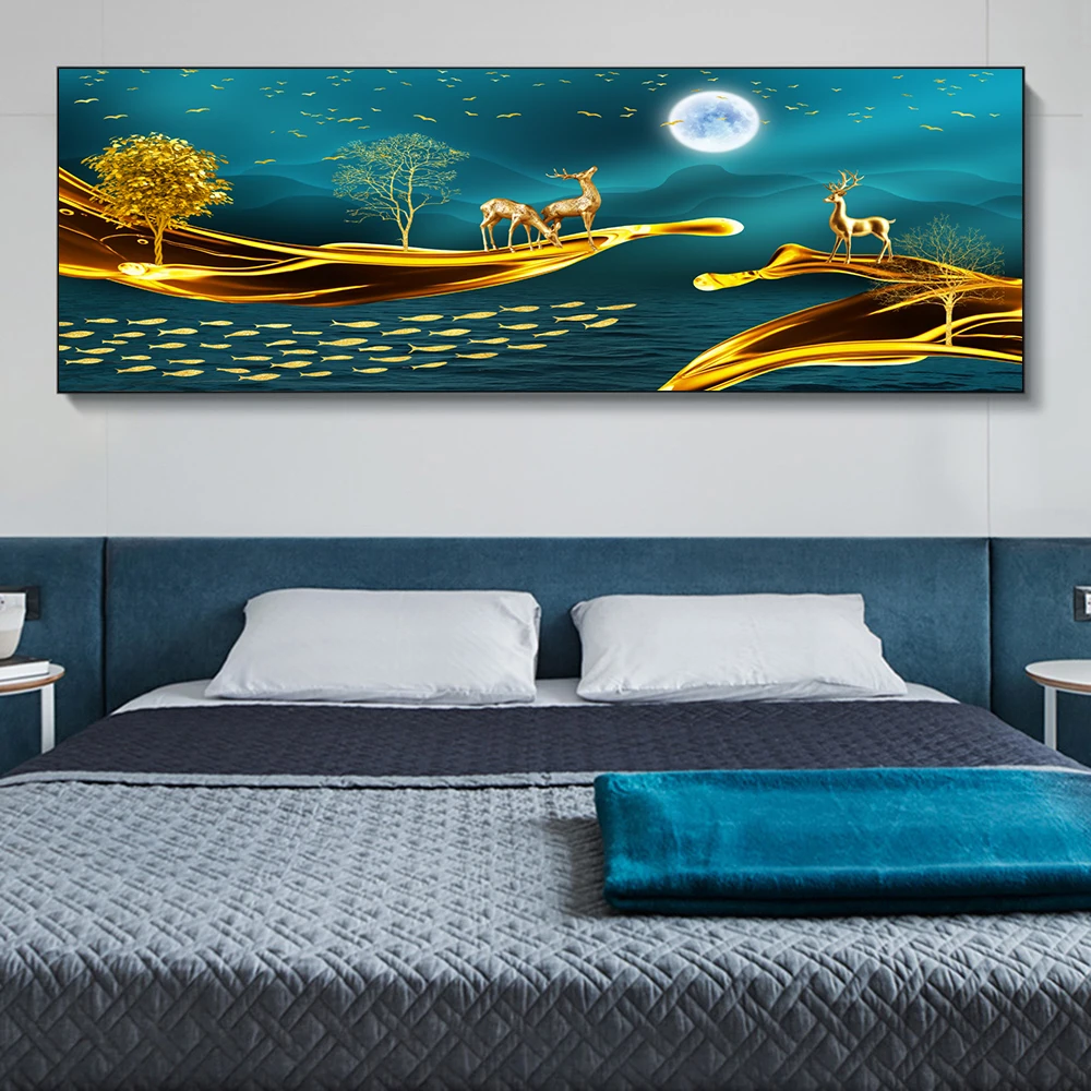 Абстрактный пейзаж с лунным светом и оленями на холсте, постер и печать произведения искусства для украшения гостиной (без рамки).