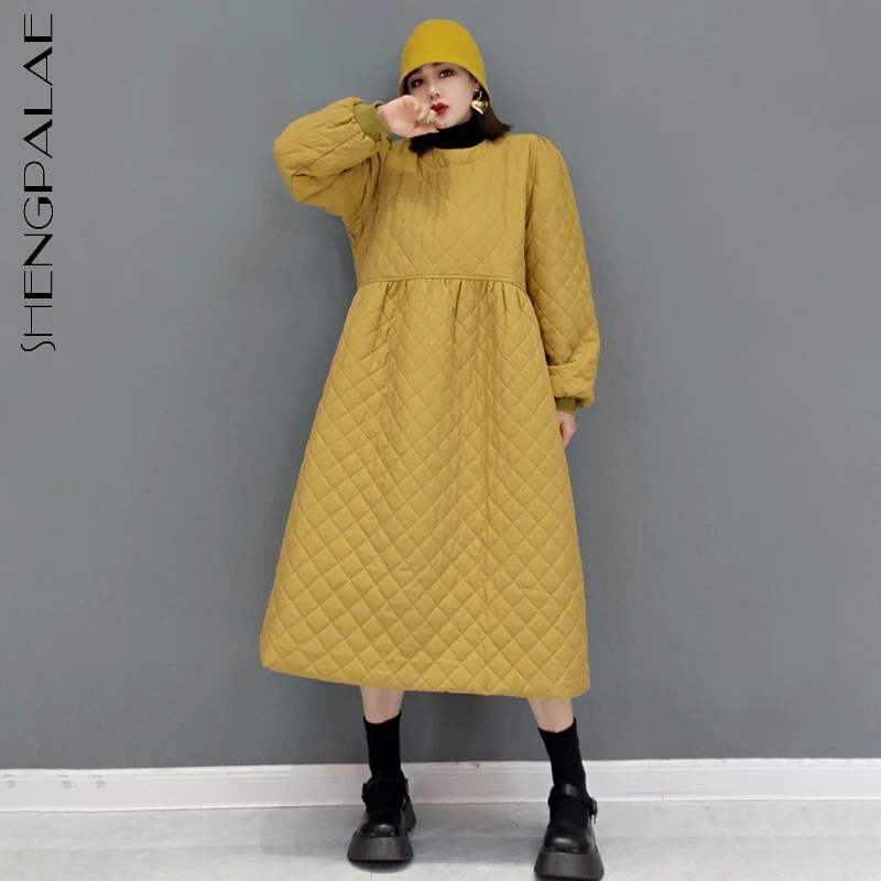 

SHENGPALAE Fashion Solic Color Argyle Cotton Padded Dress Women's Winter 2021 New Round Neck Loose Long Sleeve Mid-calf Dresses