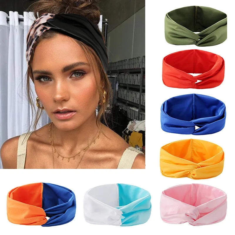 

Women Headbands Soft Solid Color Knitted Wide Turban Cross Knotted Headwrap Girls Elastic Hairband Hair Accessories Headwear